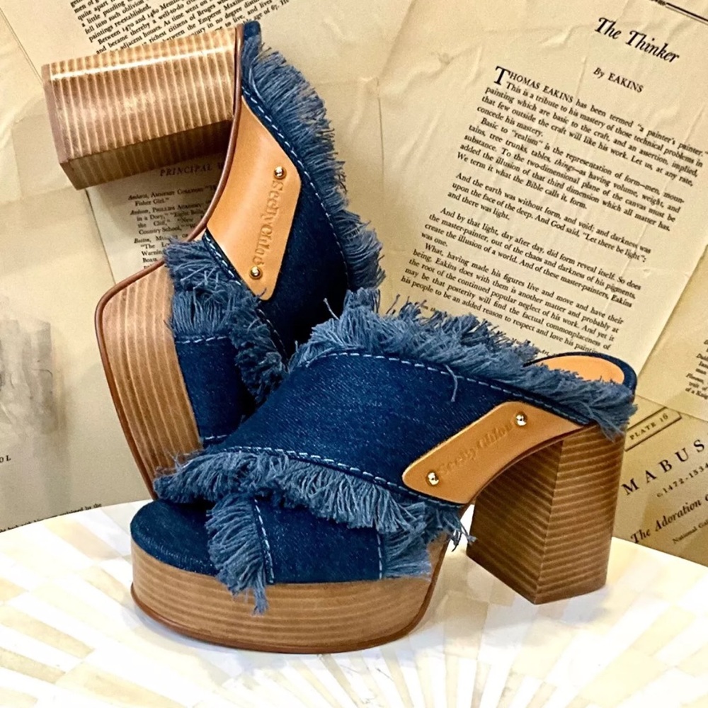 Anthropologie See by Chloe Denim Platform Mule Slide Sandal Frayed